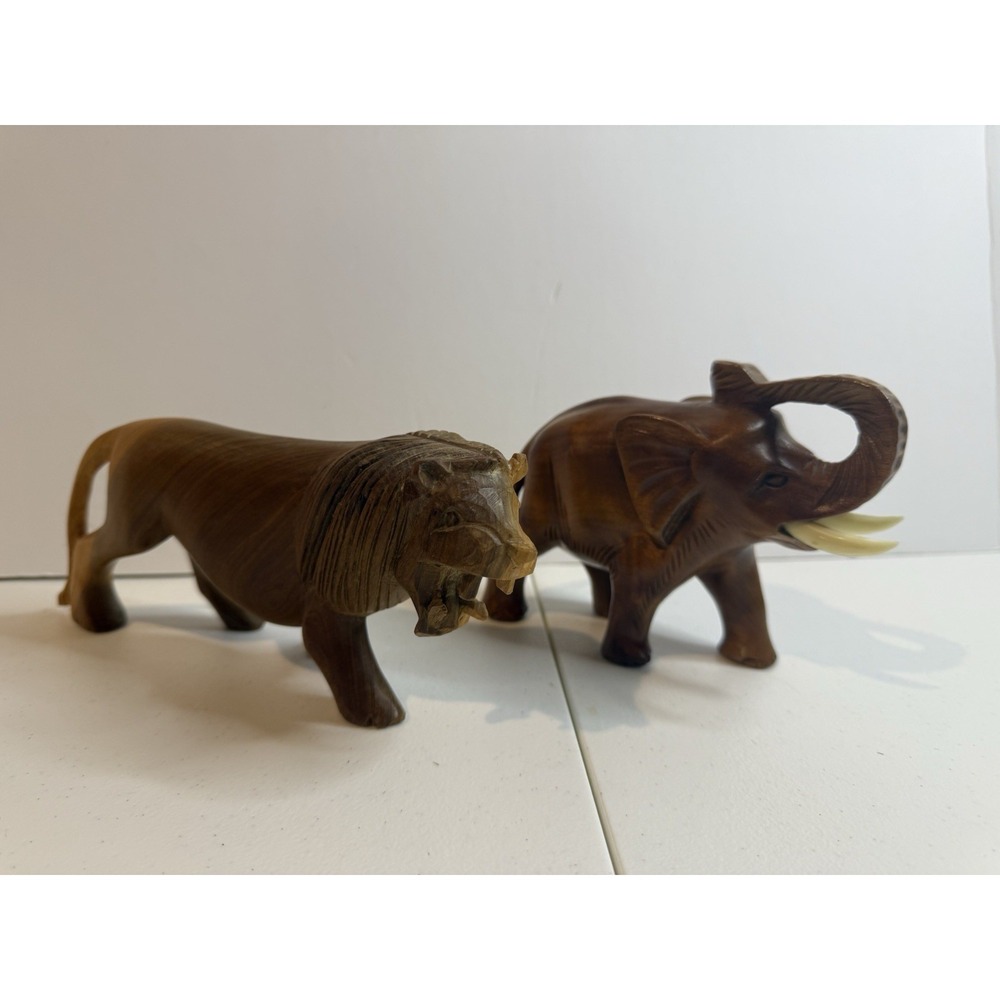 Carved Wood Vintage Lion & Elephant Africa Animals Mcm Figure READ Description